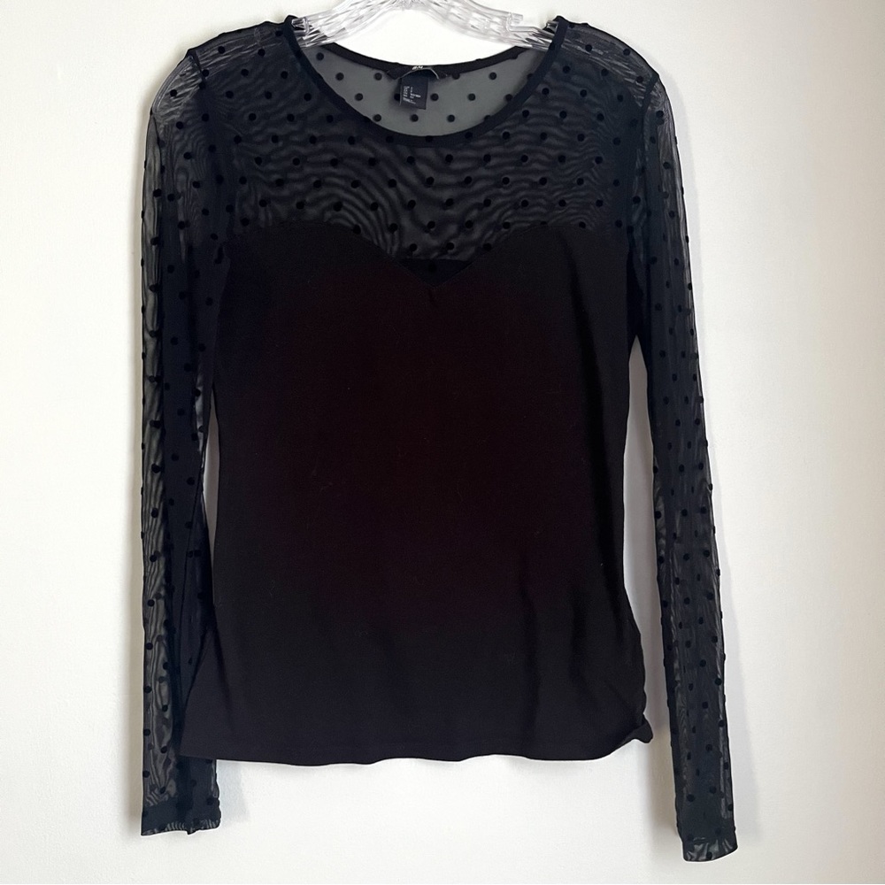 H&M Black Sweetheart Bodice with Sheer Sleeves Blouse with Embossed Polka Dots